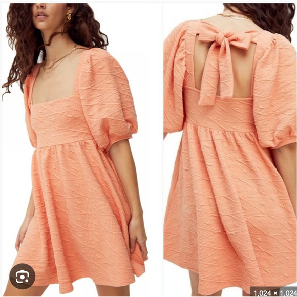 Free People Size XS Dress - Peach Puff Sleeves Babydoll Mini Tie Back Grapefruit - Picture 1 of 10
